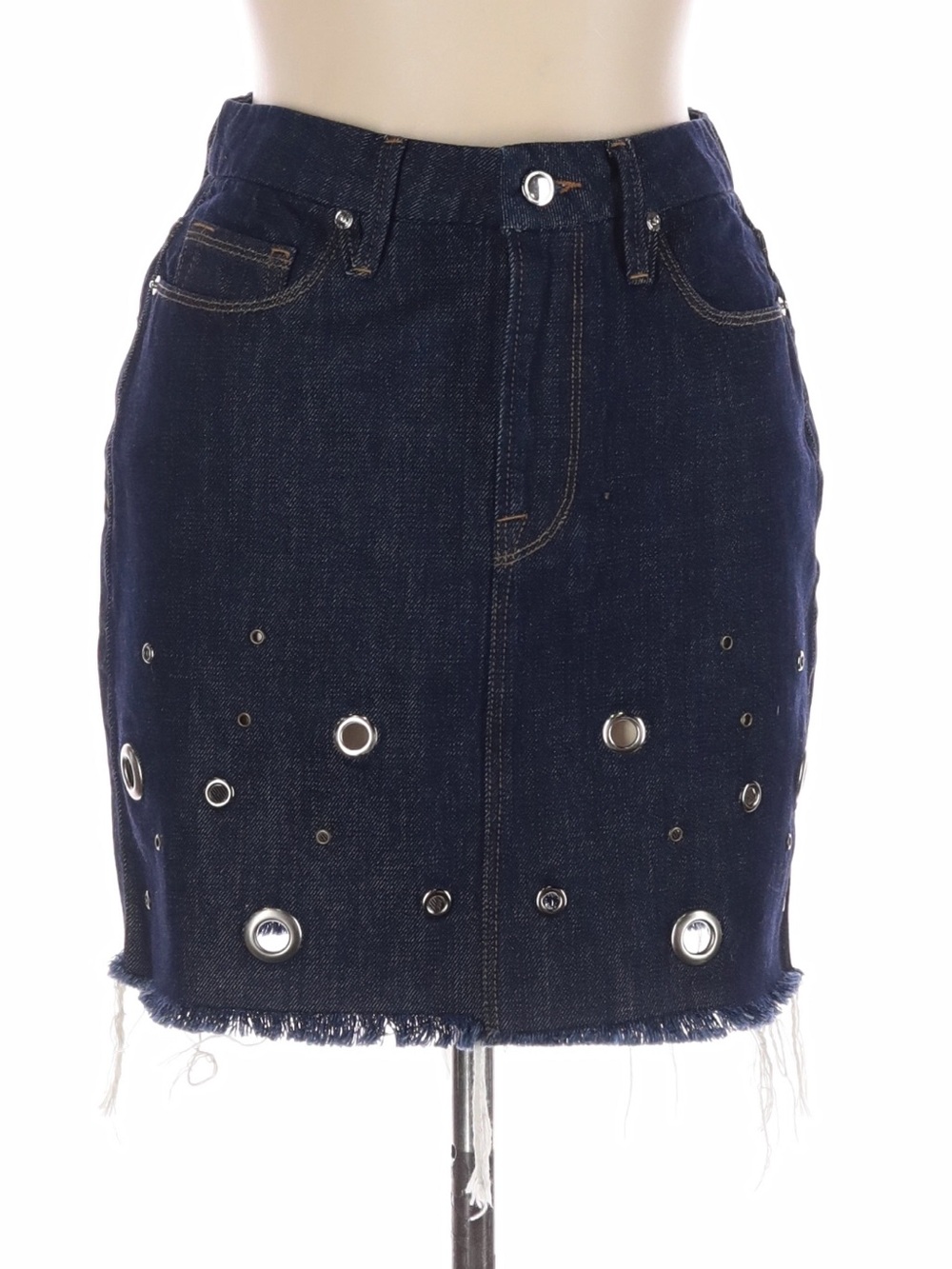 Good American Dark Blue Denim Mini Skirt with Silver Grommet Accents